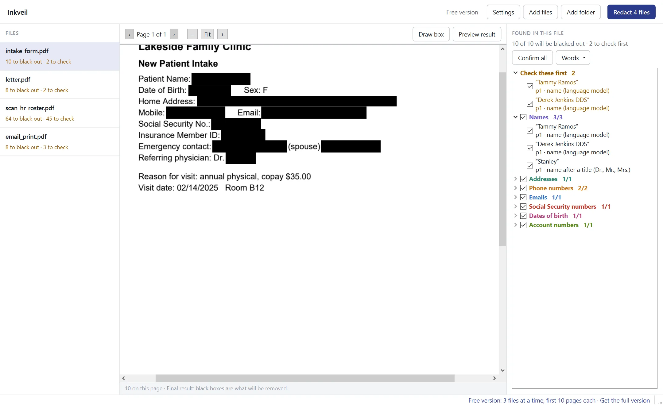 The same intake form in preview mode with solid black boxes where the personal data was