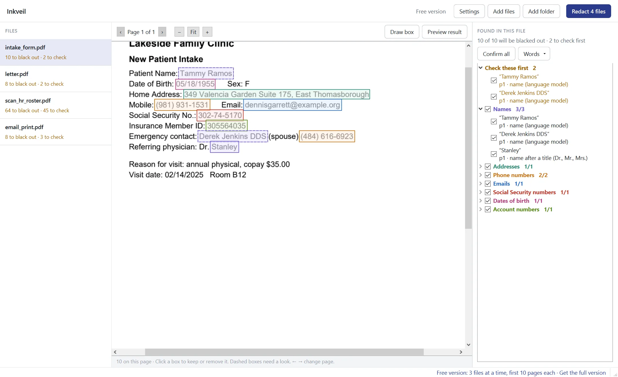 Inkveil showing a patient intake form with names, a birth date, address, phone numbers, email and Social Security number outlined for review