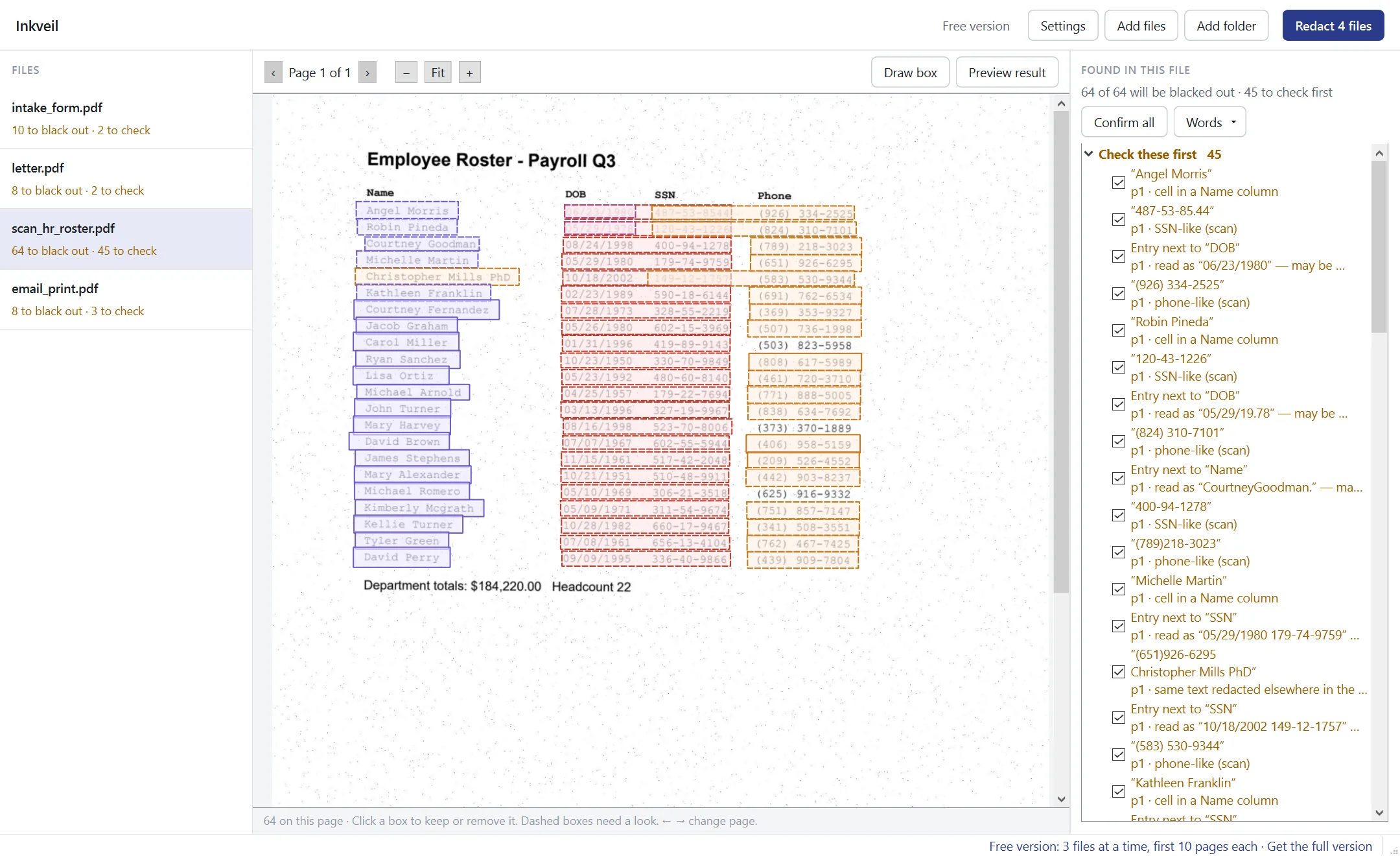 A scanned payroll roster where every name, birth date, SSN and phone number column is outlined